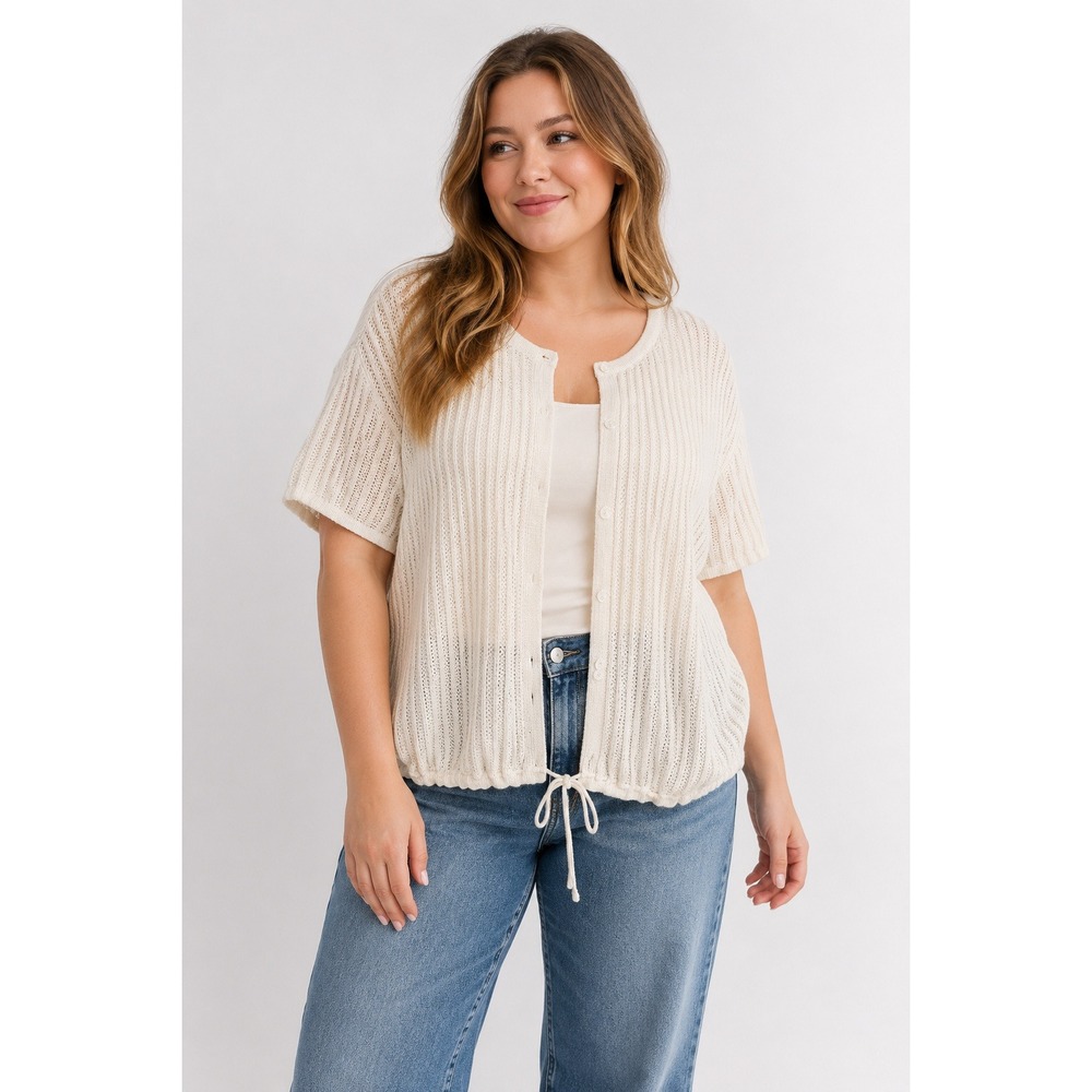 Coastal Ramie Cotton Open Knit Cardigan XL Cream Short Sleeve Drawstring Boho